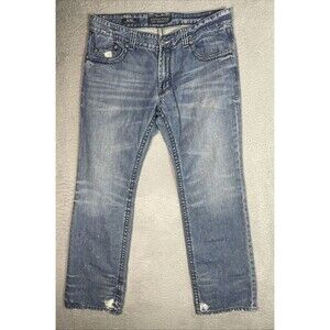 Affliction Jeans Mens 38x33 Blue Blake Relaxed Straight Splatter Distressed EUC